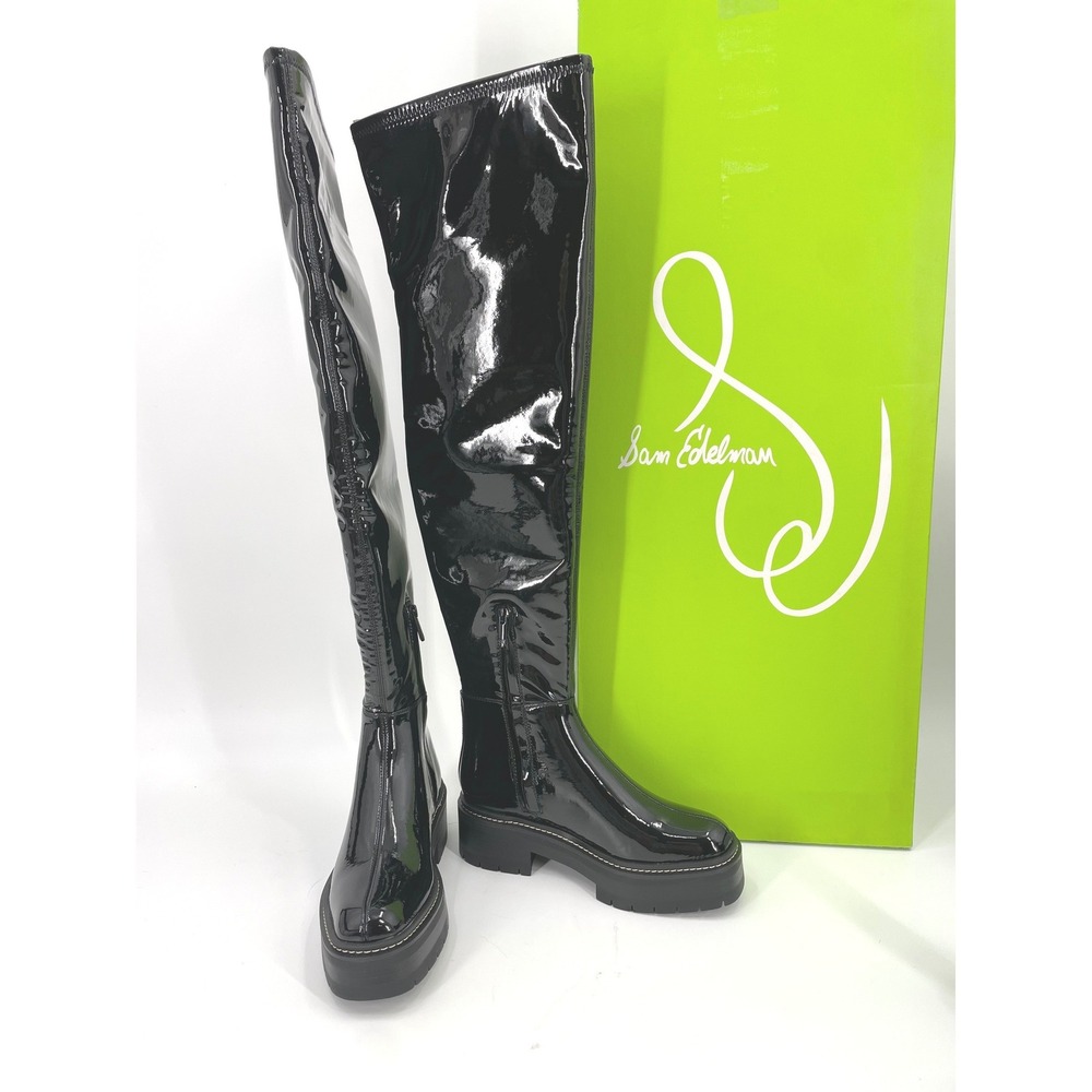 Sam Edelman Lydia Over The Knee Boots Womens 6.5 Black Patent Lug Sole NIB $225